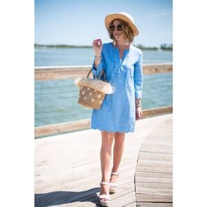 J. Crew Blue Linen Blend Chambray 3/4 Sleeve Coastal Beachy Scalloped Tunic Sz S